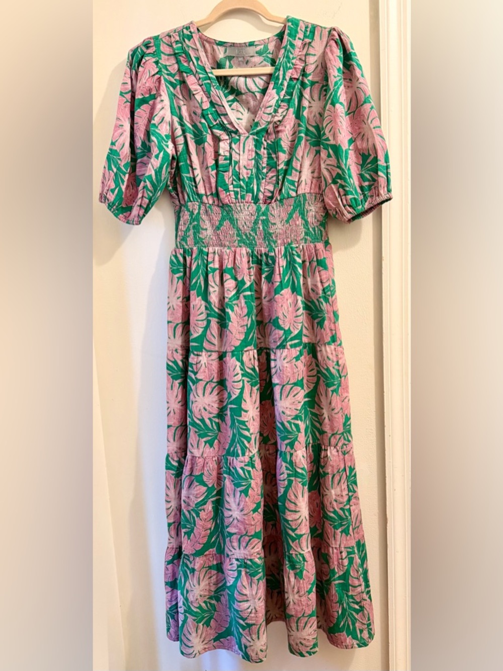 Green & Pink Tropical Tiered Casual Midi Dress